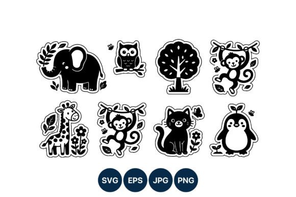 Black White Cute Animal Vector Stickers: Graphics & Illustrations
