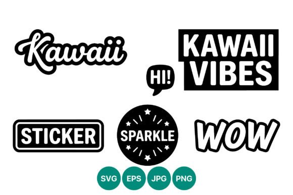 Kawaii Black White Text Stickers